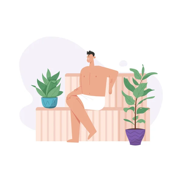 Hombre sonriente relajarse y bañarse en la sauna en el salón de spa — Vector de stock