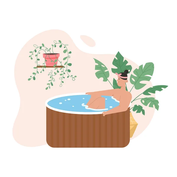 Улыбающаяся женщина отдыхает в деревянной ванне в спа-салоне — стоковый вектор