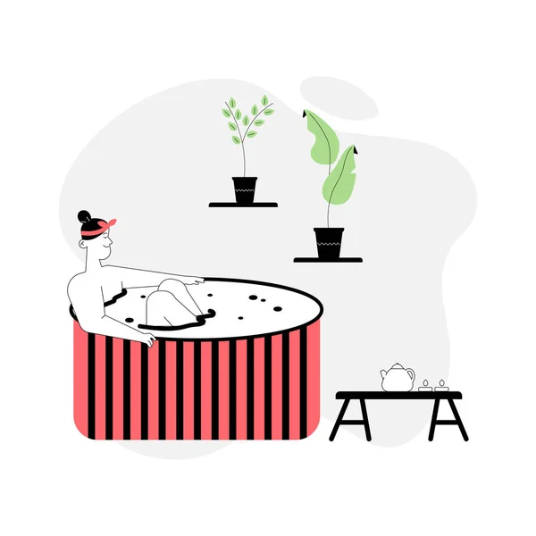 Donna nella vasca da bagno in legno, bere tè, rilassarsi nel salone spa — Vettoriale Stock