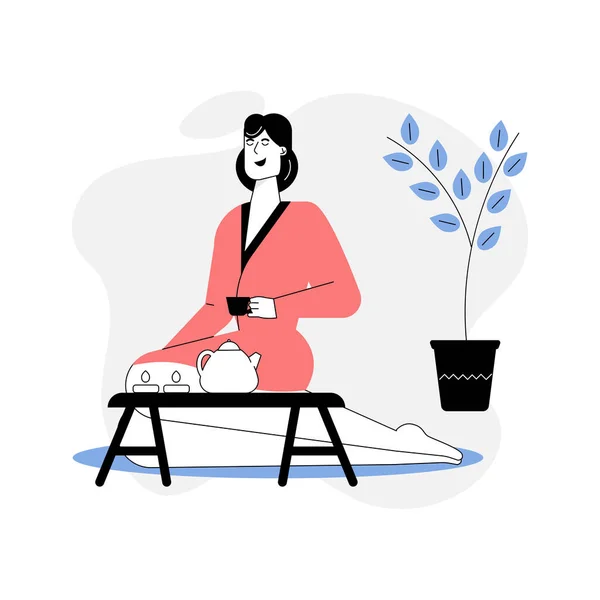 Kobieta w szlafroku relaksuje się w salonie spa, pije herbatę — Wektor stockowy
