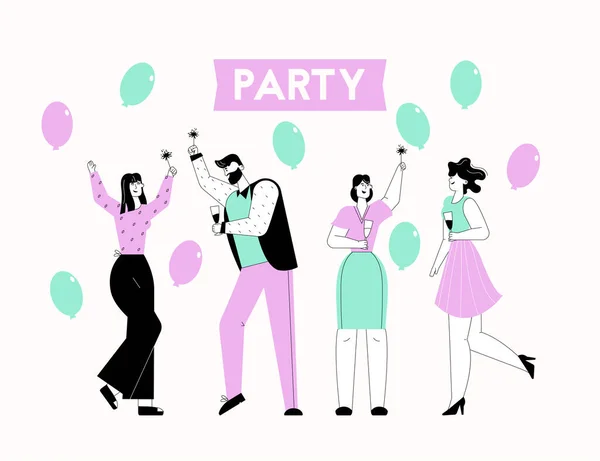 Gelukkige mannen en vrouwen op Party. Groep mensen met sterretjes — Stockvector