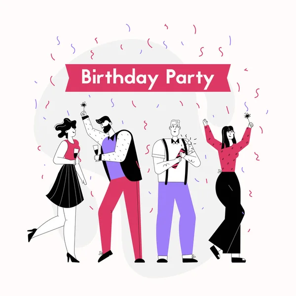 Ευτυχισμένοι άνδρες και γυναίκες γιορτάζουν γενέθλια κόμμα — Διανυσματικό Αρχείο