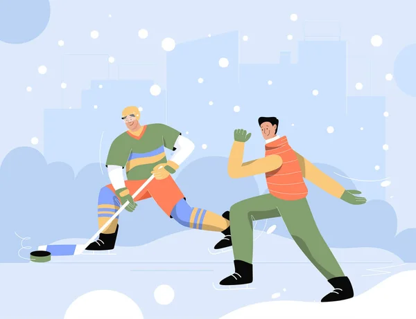 Чоловіки займаються зимовими видами спорту, грають в хокей і катаються на ковзанах — стоковий вектор