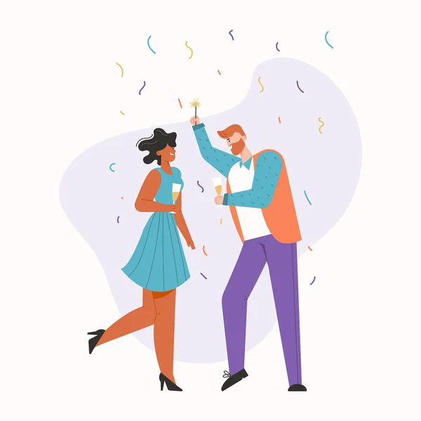 Мужчина и женщина празднуют на вечеринке, танцуют и смеются — стоковый вектор