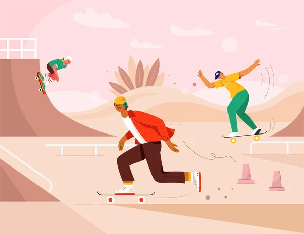 Szczęśliwi ludzie jeżdżący na deskorolkach w skate parku — Wektor stockowy