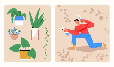 Adam yerleştirme sahneleri ayarlandı. Elinde kürek ve sprey şişesi tutan bahçıvan.