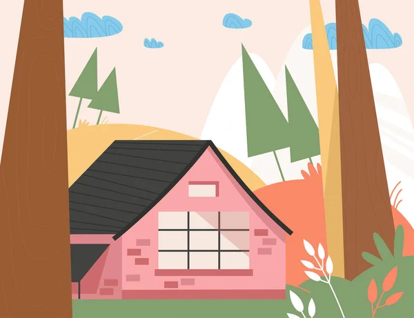 Casa moderna de campo en paisaje forestal — Vector de stock