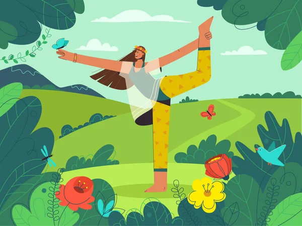 Happy young girl doing yoga asana at nature landscape — Stock Vector