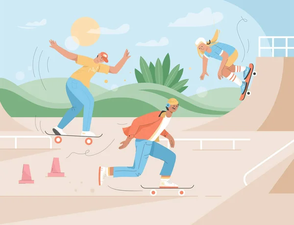 Αθλητικοί άνθρωποι ιππασία skateboards στο αστικό πάρκο skate — Διανυσματικό Αρχείο