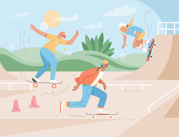 Спортивные люди катаются на скейтбордах в городском скейт-парке