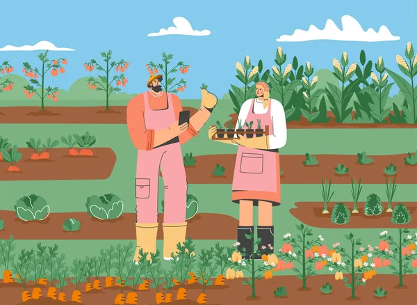 Пара фермеров, стоящих в огороде — стоковый вектор