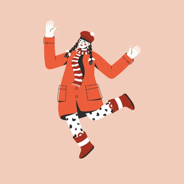 Jovem de casaco vermelho pulando e estendendo os braços —  Vetores de Stock