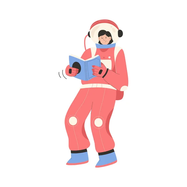 Astronauta leyendo libro y volando en gravedad cero — Vector de stock