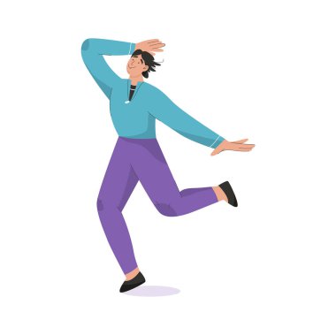 Beyaz arka planda yalnız dans eden gülümseyen genç adam.