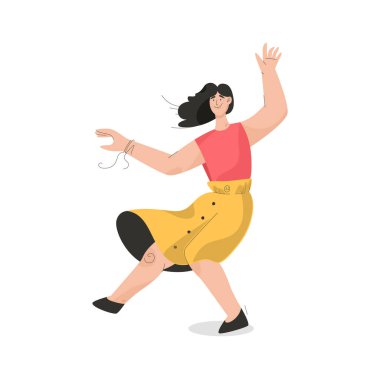 Beyaz arka planda yalnız dans eden gülümseyen genç kız.