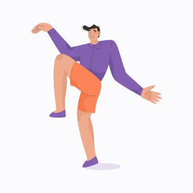 Beyaz arka planda yalnız dans eden mutlu adam.