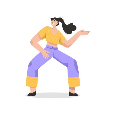 Beyaz arka planda yalnız dans eden mutlu kadın.