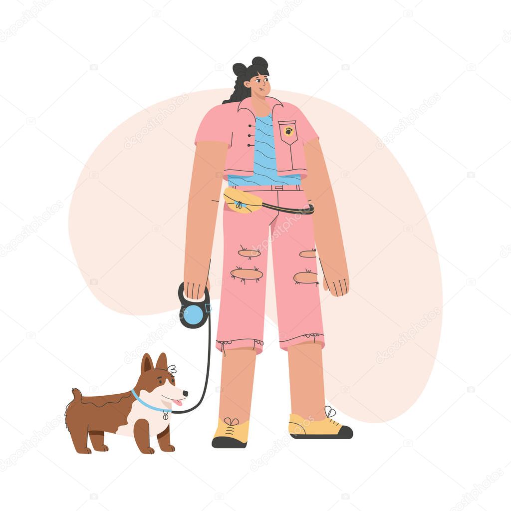Stylish woman stands with dog on leash