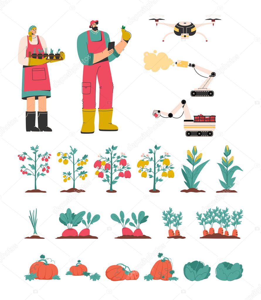 Farmers, equipment and vegetables set