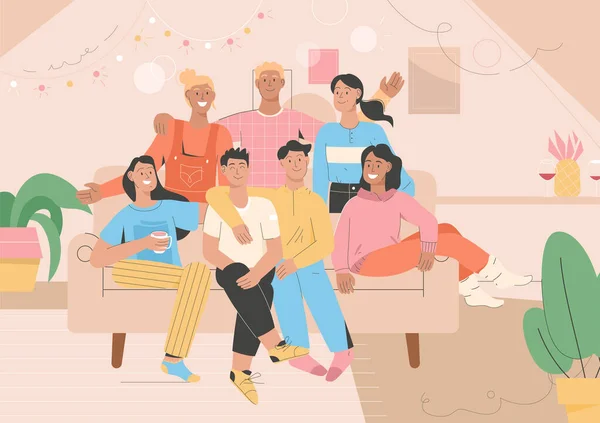 Portrait de groupe d'amis à la fête à domicile — Image vectorielle