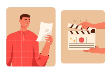 Film çekimi sahnesi. Aktör senaryoyu okur. El ele tutuşan yönetmen alkışları.
