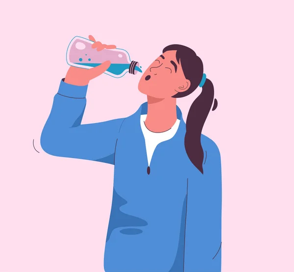 Mujer sedienta bebe agua refrescante de la botella — Vector de stock