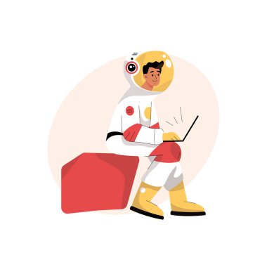 Astronot dizüstü bilgisayarda çalışır. Uzay giysisi içinde bilim adamı