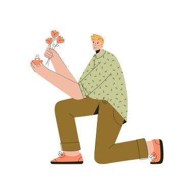 Diz çöken genç adam evlenme teklif ediyor.