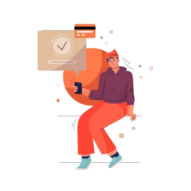 Ödeme konsepti. Adam internet üzerinden akıllı telefon kullanarak ödeme yapıyor.