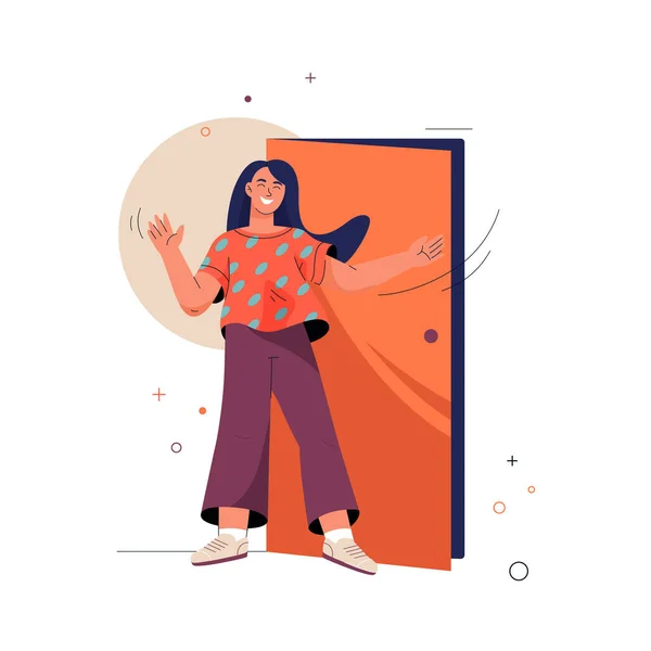 Concept de bienvenue. Femme souriante se tient à la porte — Image vectorielle