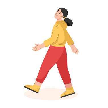 Gülümseyen kadın yan gözle yürüyor. Gündelik kıyafetli genç kız...