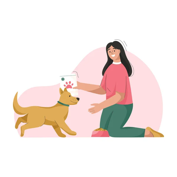 Woman is feeding dog. Owner takes care of puppy — Stock Vector
