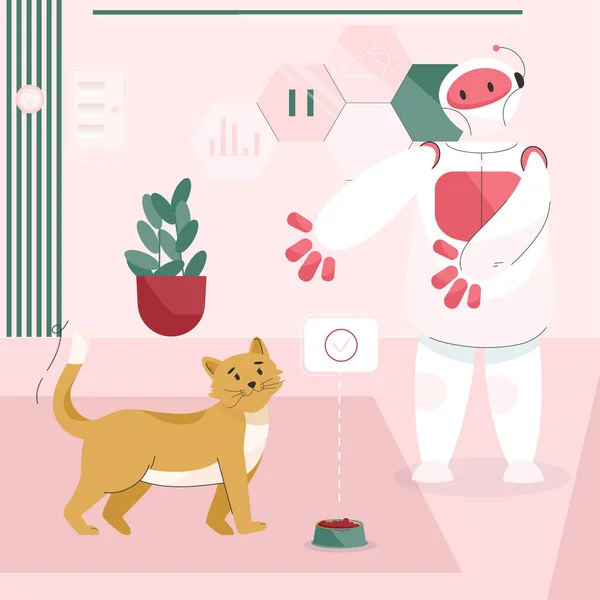 Robotí asistent krmí kočku v místnosti. Domácí mazlíčci žijí doma — Stockový vektor