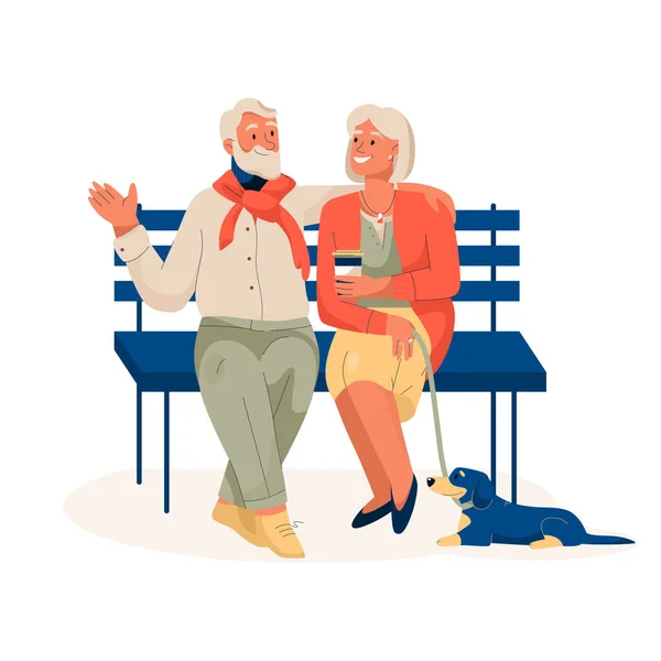 Ηλικιωμένο ζευγάρι κάθεται στον πάγκο, ξεκουράζεται στο πάρκο της πόλης — Διανυσματικό Αρχείο