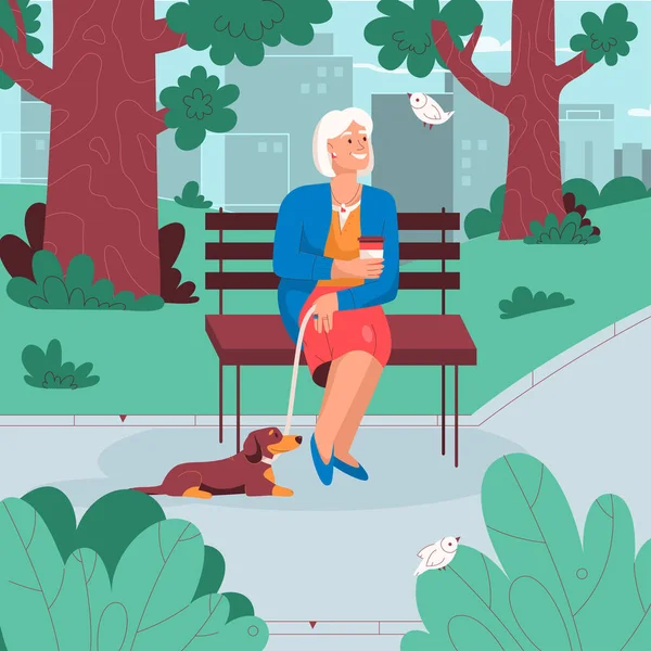 Elderly woman sitting on bench, resting in city park — Stock Vector