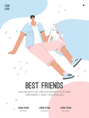Vector poster of Best Friends concept. Happy guy sitting with dog