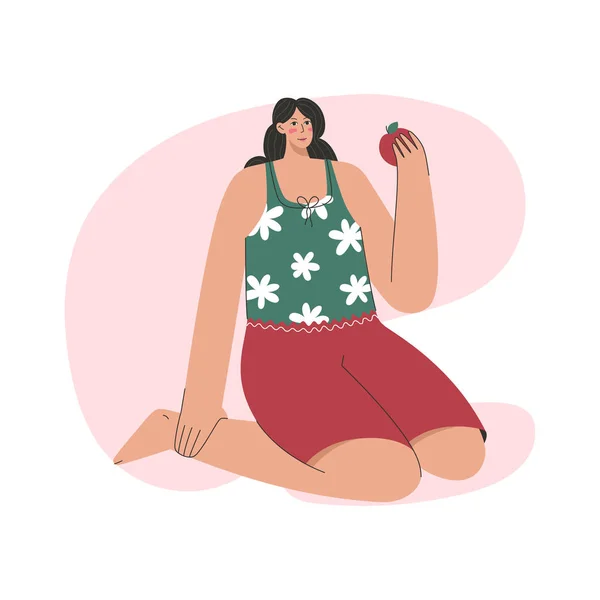 Junges Mädchen im Sitzen isst Apfel. Frau frühstückt mit Obst — Stockvektor