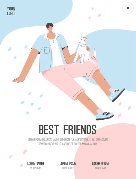 Vector poster of Best Friends concept. Happy guy sitting with dog — Vettoriale Stock