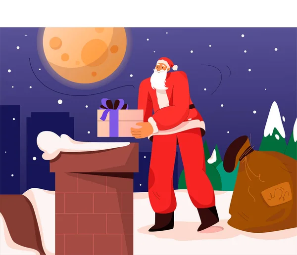 Père Noël tient des cadeaux et debout près de la cheminée sur le toit — Image vectorielle