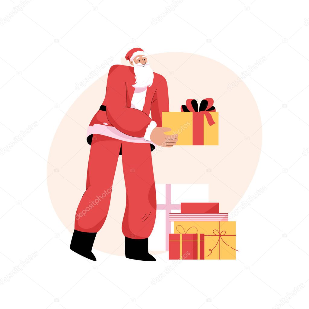 Santa Claus is holding gifts for kids. Saint Nicholas gives presents
