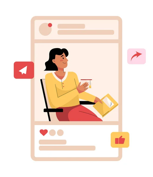 Concepto de redes sociales. Mujer lee y bebe en el post de fotos en línea — Vector de stock