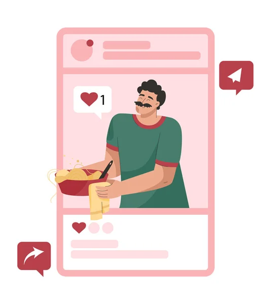 Концепція соціальних медіа. Шеф-кухар готує їжу на фото пост онлайн — стоковий вектор
