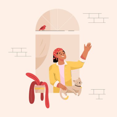 Pencere konsepti komşusuyum. Kedili kadın, evden dışarı bak.