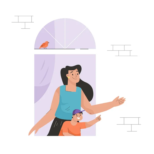 Neighbor in window concept. Woman with son look out of apartment — 图库矢量图片