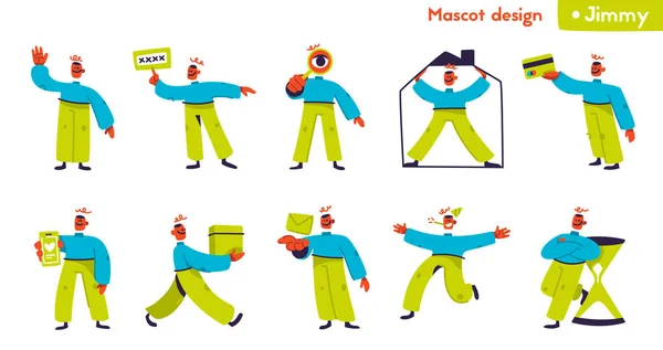 Jimmy mascotte ontwerp set concept. Gelukkige mannelijke mascotte staande — Stockvector