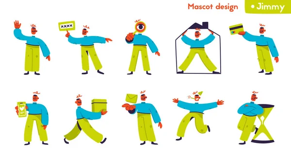 Jimmy maskot design set koncept. Glad manlig maskot stående Royaltyfria Stockvektorer