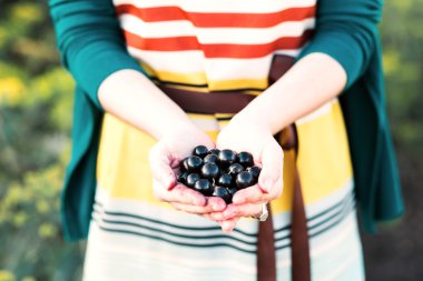 Siyah frenk üzümü tutan kız