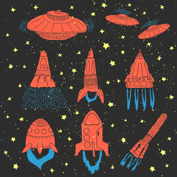 Conjunto de foguetes desenhados à mão. Ônibus espacial. OVNI —  Vetores de Stock