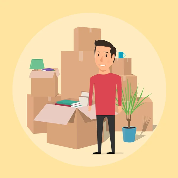 Moving with boxes. Things in box. Happy man — Stock Vector