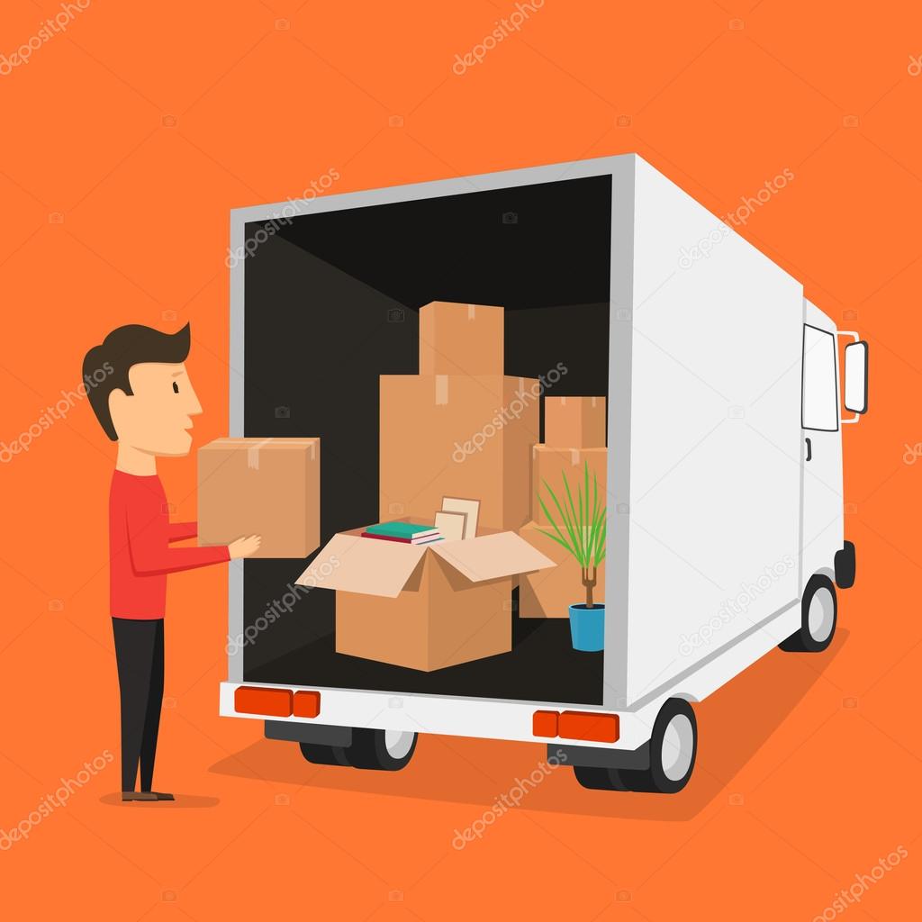 Moving with boxes. Things in box. Transport company